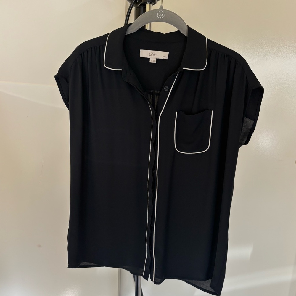 LOFT Black Button Down Blouse with Cap Sleeves and White Piping, SP